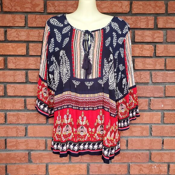 BILA Tunic Top Womens M Blue Red Floral Boho Peasant 3/4 Sleeve Tassel Paisley - Picture 1 of 14